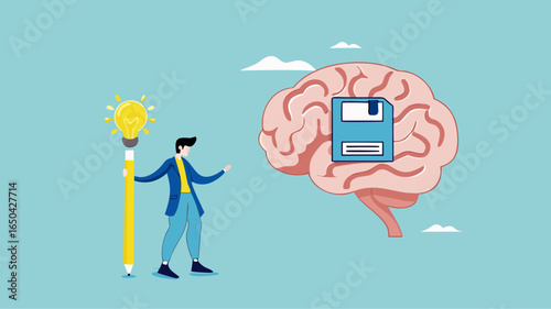 idea memory, reminder of productive plans or new business strategy, thinking skills to form good work habits, remembering or studying work plans, businessman store work plan data in the human brain