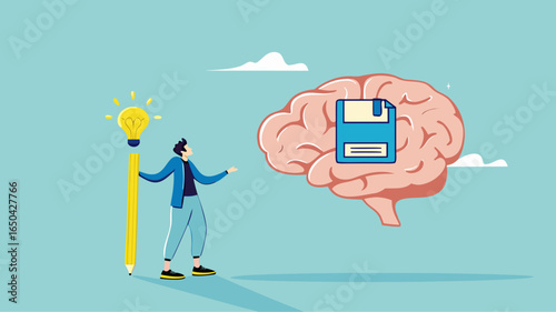 idea memory, reminder of productive plans or new business strategy, thinking skills to form good work habits, remembering or studying work plans, businessman store work plan data in the human brain