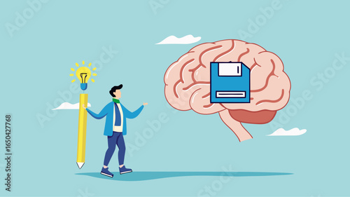 idea memory, reminder of productive plans or new business strategy, thinking skills to form good work habits, remembering or studying work plans, businessman store work plan data in the human brain
