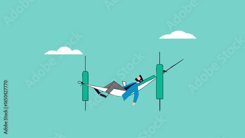 Passive income concept, earning with no effort by make profit or dividend from investment and achieve financial freedom concept, businessman sleeping in hammock with investment growth graph bar