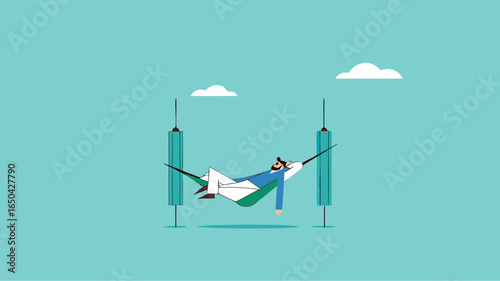 Passive income concept, earning with no effort by make profit or dividend from investment and achieve financial freedom concept, businessman sleeping in hammock with investment growth graph bar