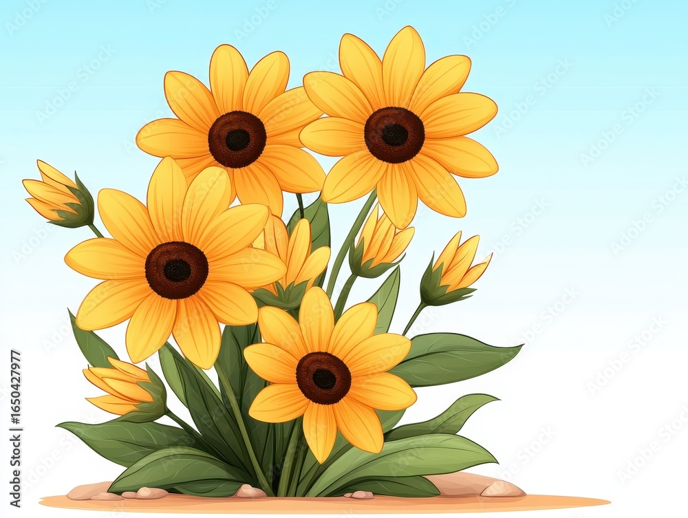 Obraz premium Yellow flowers blooming in garden, sunny sky background, illustration for greeting card