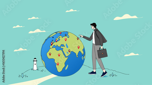 Businessman put new branch pin on world map across globe. Global business expansion, open company branches, franchise in new location to cover all continent. growing business worldwide concept design