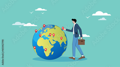 Businessman put new branch pin on world map across globe. Global business expansion, open company branches, franchise in new location to cover all continent. growing business worldwide concept design