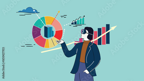 analyze financial data using virtual reality and augmented reality technology, businessman analyzes company marketing and investment chart using mixed reality headset concept vector illustration