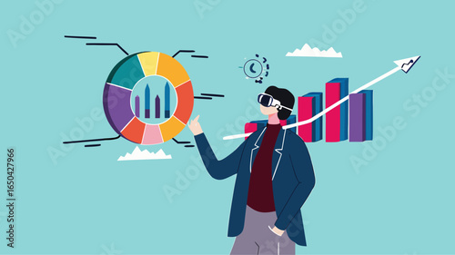 analyze financial data using virtual reality and augmented reality technology, businessman analyzes company marketing and investment chart using mixed reality headset concept vector illustration