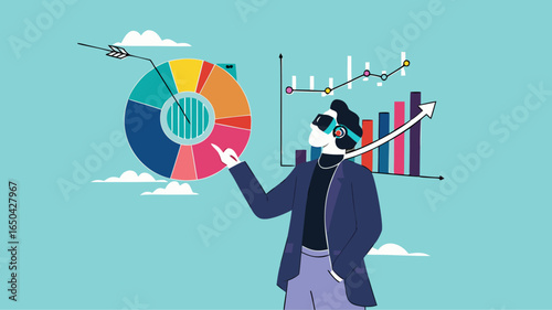 analyze financial data using virtual reality and augmented reality technology, businessman analyzes company marketing and investment chart using mixed reality headset concept vector illustration
