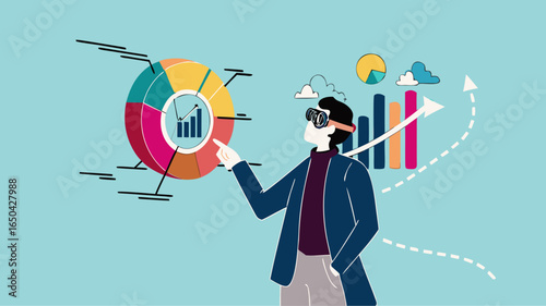 analyze financial data using virtual reality and augmented reality technology, businessman analyzes company marketing and investment chart using mixed reality headset concept vector illustration