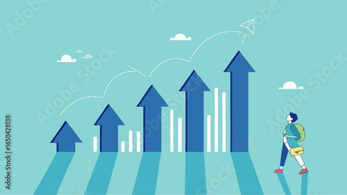 business growth with investment earning rising up, profit performance or investment sales growth, market value of equity concept, businessman with banknotes observing business income growth graph
