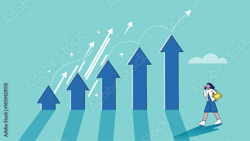 business growth with investment earning rising up, profit performance or investment sales growth, market value of equity concept, businessman with banknotes observing business income growth graph