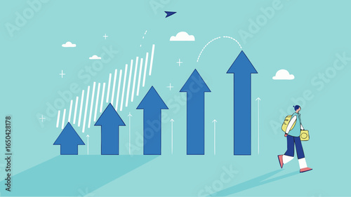 business growth with investment earning rising up, profit performance or investment sales growth, market value of equity concept, businessman with banknotes observing business income growth graph