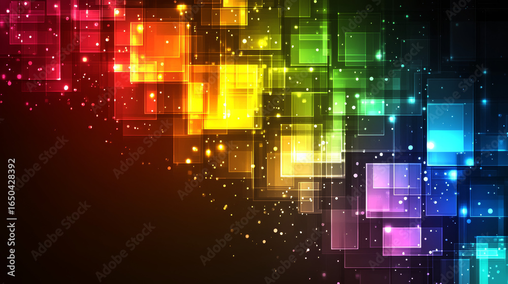Fototapeta premium Abstract graphic design with colorful squares and glowing particles