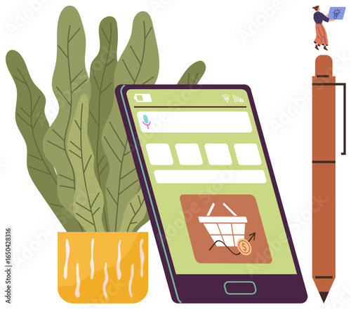 Smartphone displaying shopping cart and savings icon, potted plant, oversized pen with miniature figure. Ideal for e-commerce, savings, online shopping, creativity, technology, digital solutions