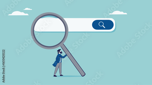 search new job or information, find career opportunity, businessman directs big magnifying glass on search bar