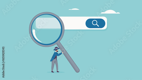 search new job or information, find career opportunity, businessman directs big magnifying glass on search bar