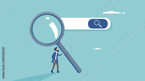 search new job or information, find career opportunity, businessman directs big magnifying glass on search bar
