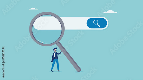 search new job or information, find career opportunity, businessman directs big magnifying glass on search bar