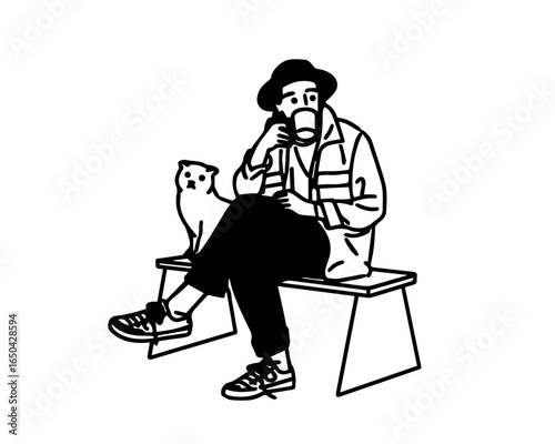 A person enjoying coffee with his cat