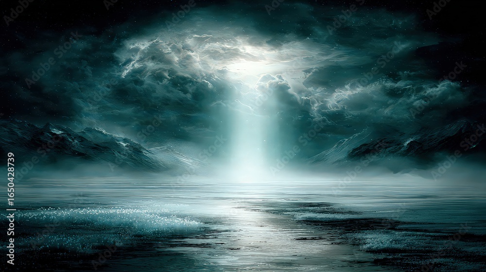 Fototapeta premium Niebiański promień światła przebijający ciemne nocne niebo nad wodą