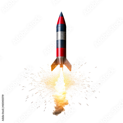 Toy rocket blasting off with fiery exhaust and sparks