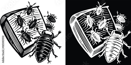 Eek bugs crawling from a book in this scary monochrome design, perfect for Halloween projects and decor