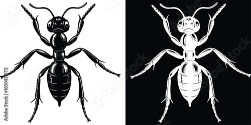 Creepy crawly ant illustration for scientific study or creative design work in black and white backgrounds