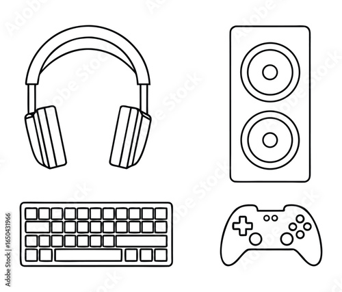 Gaming accessories including headphones, keyboard, speaker, and controller isolated on white background