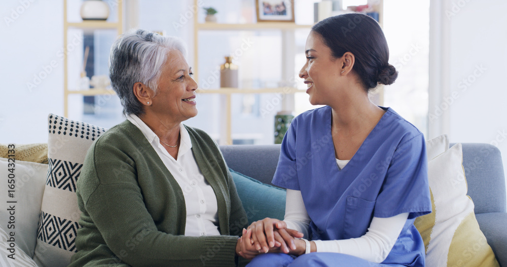 Fototapeta premium Caregiver, holding hands and senior woman at house with good news, assistance and medical results. Nurse, support and elderly person with comfort, healthcare advice and patient diagnosis at homecare