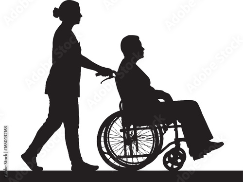 Caregiver Pushing Elderly Patient in Wheelchair Silhouette Vector Illustration