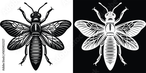 Unique black and white wasp design ideal for logo, tattoo, or insect themed creative project
