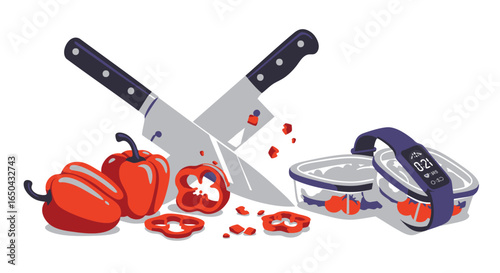 An illustration of a healthy meal preparation scene with chopped red bell peppers, kitchen knives, glass containers, and a fitness tracker for a balanced lifestyle