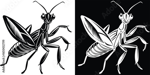 Intricate praying mantis artwork perfect for insect lovers or biology themed designs on black and white
