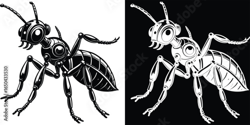 Intricate robotic ant illustration with contrasting black and white design for bold artistic impact