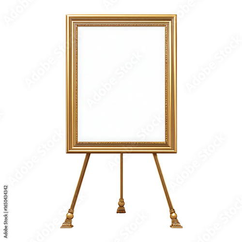 Gold picture frame easel with blank white surface.