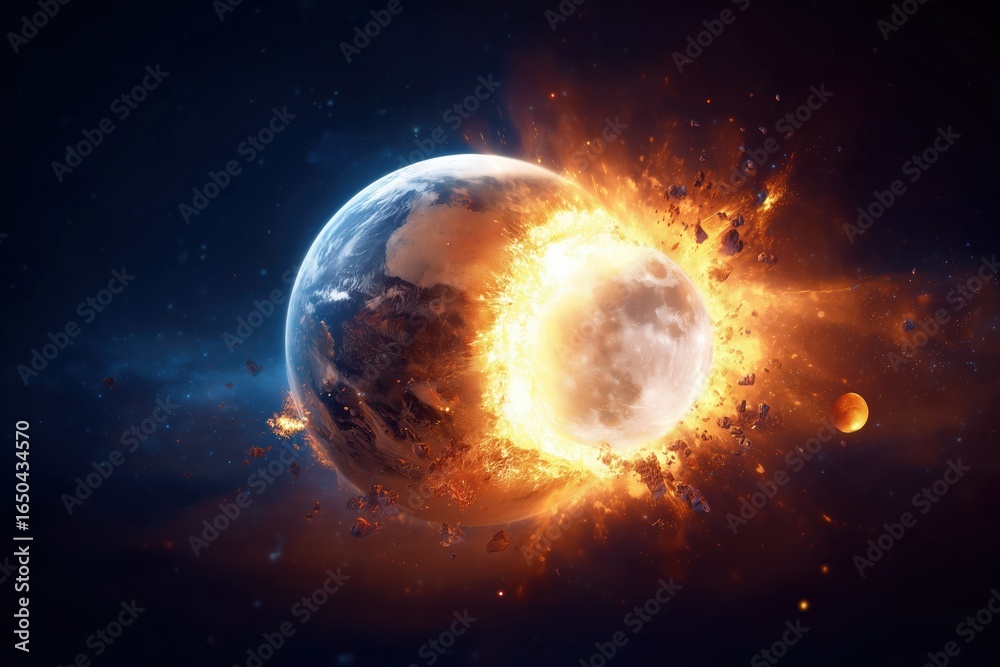 Obraz premium Fiery Earth disintegration and burning moon surface with exploding blue cosmic atmosphere in dark sci-fi cinematic space scene, hyper-realistic 3D rendering of planetary destruction and apocalyptic ho