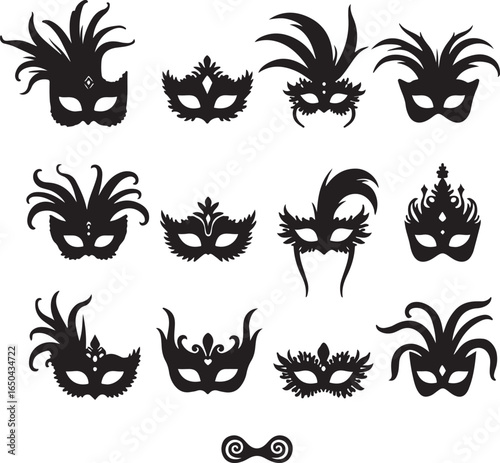 "Shadow Masquerade: Tribal Mask Silhouettes" vector bundle