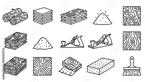 Wood Materials and Timber Processing Tools Thin Line Vector Icon Set
