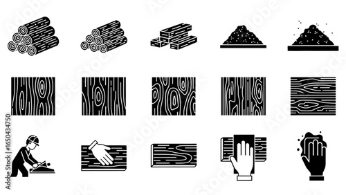 Wood Materials and Timber Processing Tools Thin Line Vector Icon Set
