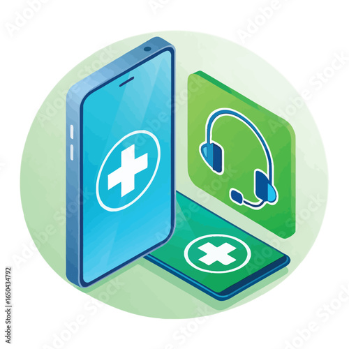 Online Medical Consultation Mobile App and Support Headset Vector