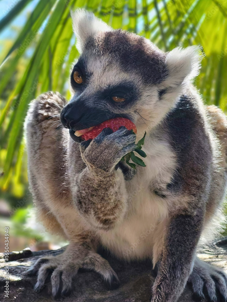 Fototapeta premium Ring-Tailed Lemur with Strawberry Closeup