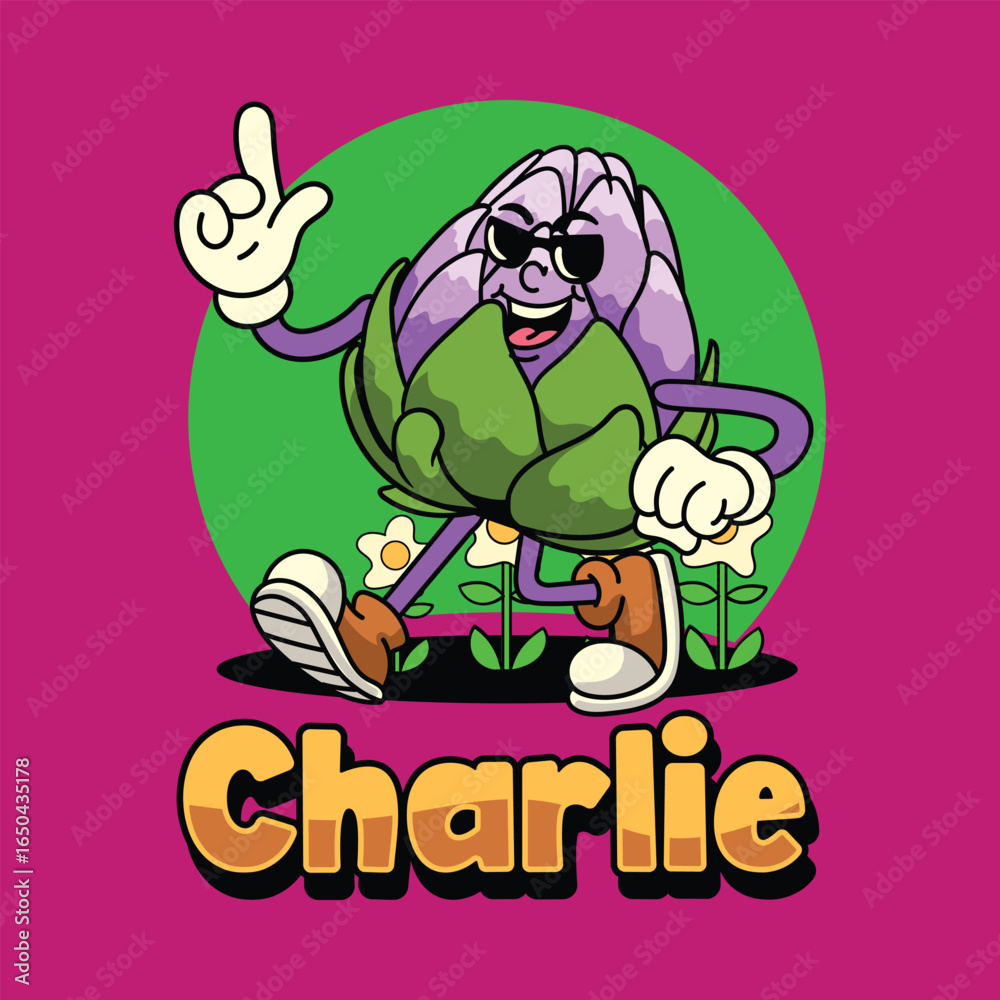 Obraz premium Artichoke vegetable in a vintage cartoon character
