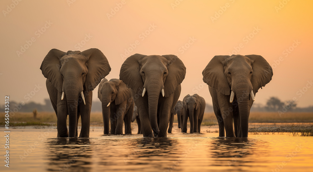 Fototapeta premium A group of elephants, standing in the water at sunset with their heads raised towards it, with an elephant on each side facing forward and two young ones behind them