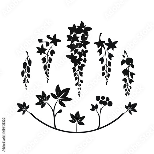 Black leafy branches seamless pattern on a crisp white background

