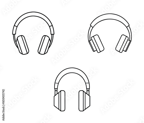 Three black and white line drawings of headphones isolated on white background