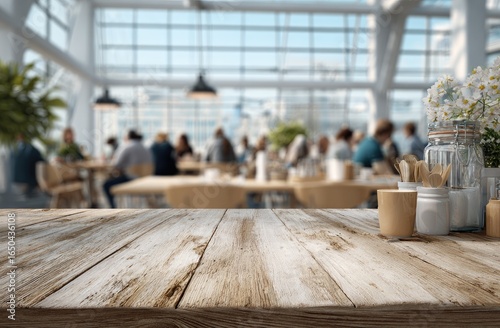 Rustic wooden table, blurred cafe background