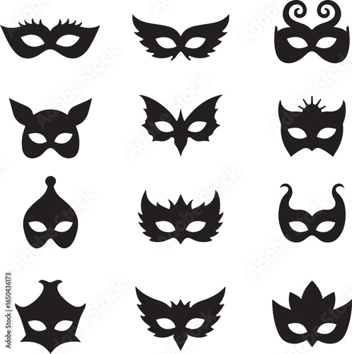 "Shadow Masquerade: Tribal Mask Silhouettes" vector bundle