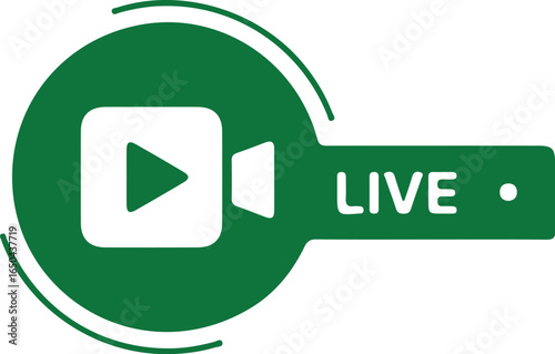 Green and white icon with a play button inside a video camera symbol and the word LIVE live streaming