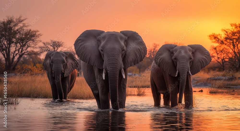 Obraz premium A group of elephants, standing in the water at sunset with their heads raised towards it, with an elephant on each side facing forward and two young ones behind them