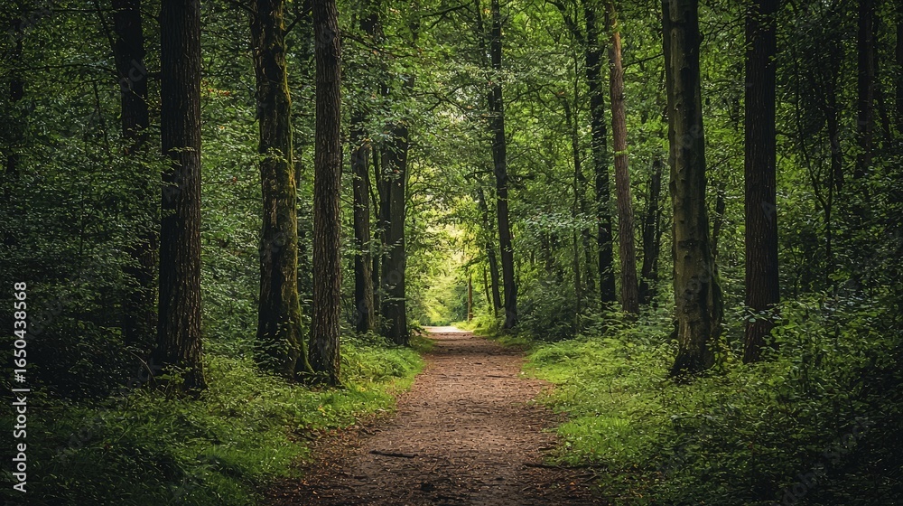 Fototapeta premium A pathway meanders through a dense woodland.