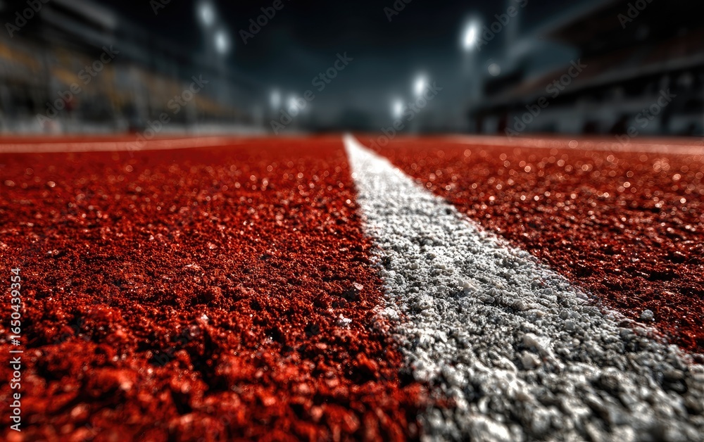 Fototapeta premium Close-up view of a red running track with a white line. Stadium in the background